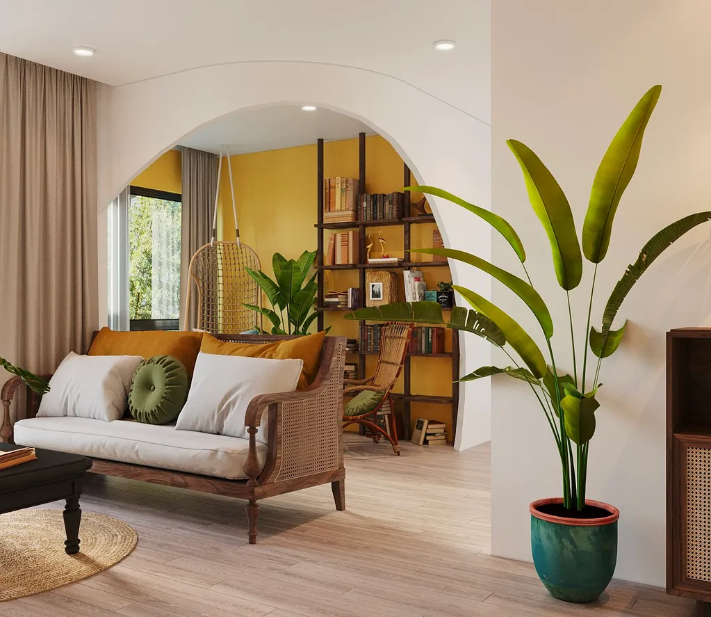 Không gian phòng khách mở trong căn hộ phong cách Indochine với nội thất được làm từ các chất liệu tự nhiên