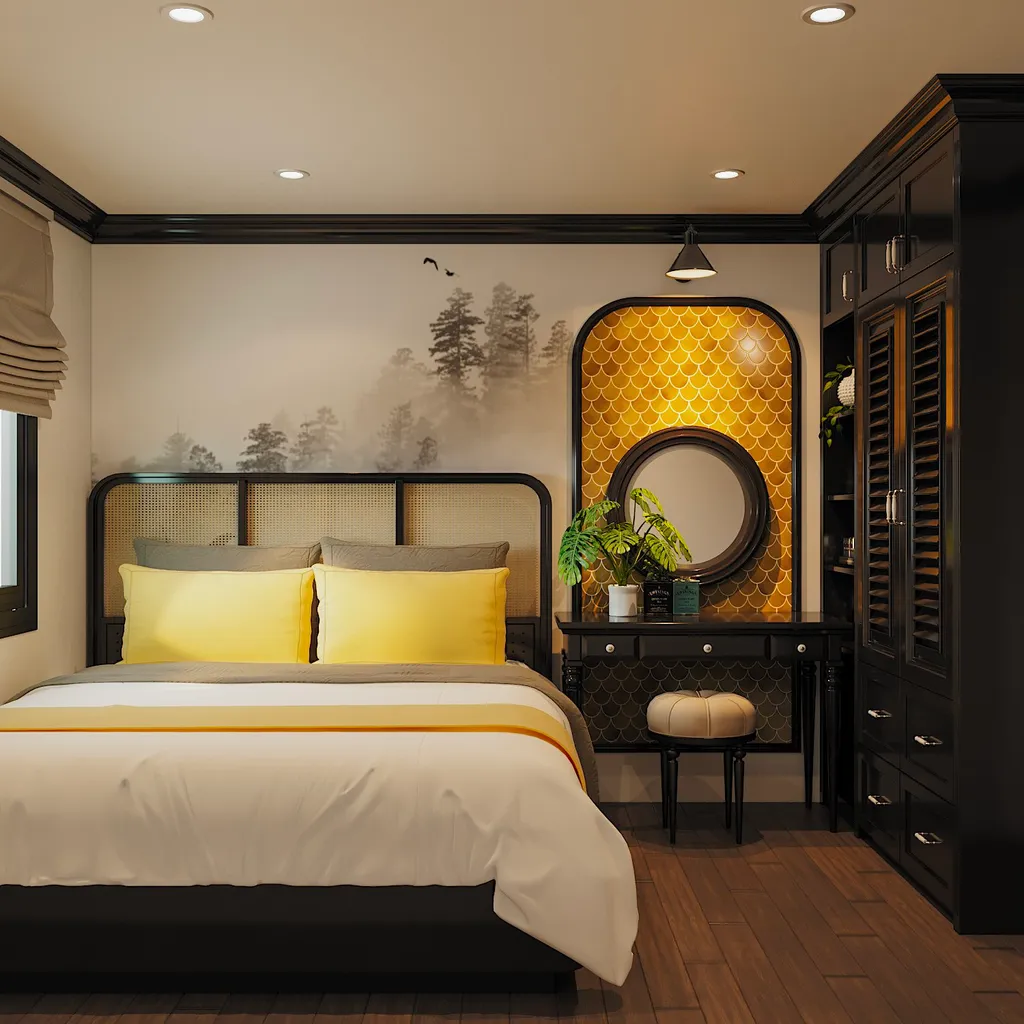 Màu sắc tranh treo tường tương đồng với các vật dụng như chăn mền, rèm cửa, tất cả đều rất phù hợp với không gian thiết kế Indochine