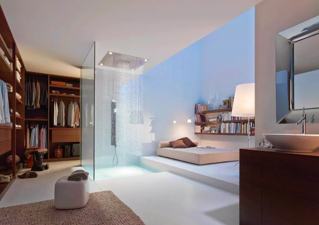 Một thiết kế vô cùng độc đáo và cá tính sử dụng vách kính phòng tắm để ngăn cách với không gian phòng ngủ và tủ đồ