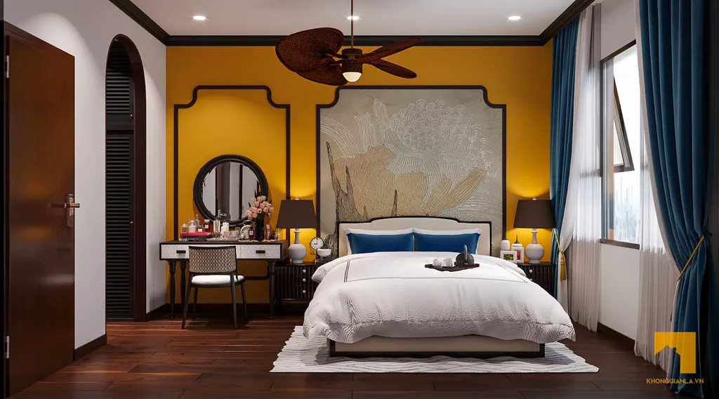 Phòng ngủ lớn với tông màu vàng nổi bật