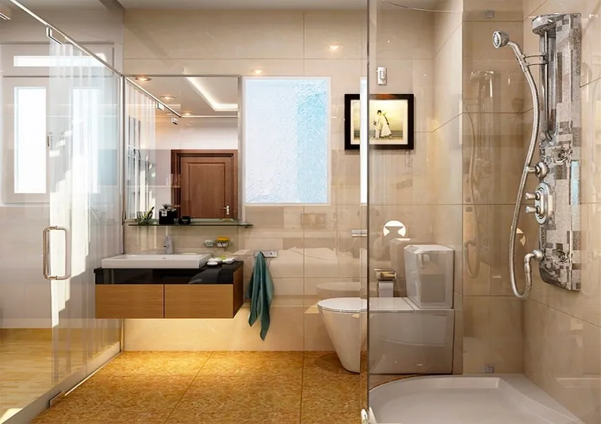 Vách kính nhà tắm giúp không gian thêm phần rộng rãi, thoáng đãng hơn