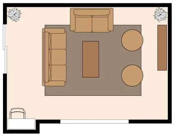 Bản vẽ bố trí nội thất phòng khách với sofa băng và sofa đôi