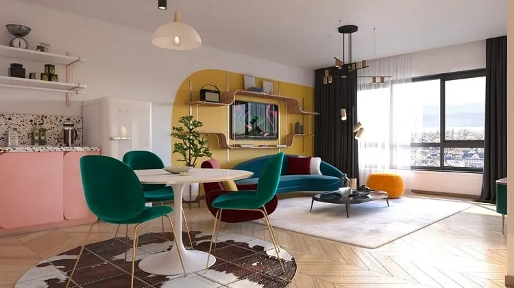 Căn hộ chung cư theo phong cách retro chọn nội thất đơn giản, ưu tiên các gam pastel kết hợp cùng màu xanh lục bảo đậm, xanh navy, vàng tạo nên vẻ quyến rũ cực ấn tượng.