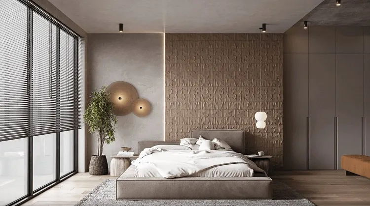 Gạch ốp tường 3D đơn giản nhưng đầy nghệ thuật cho phòng ngủ theo phong cách Japandi nhẹ nhàng.