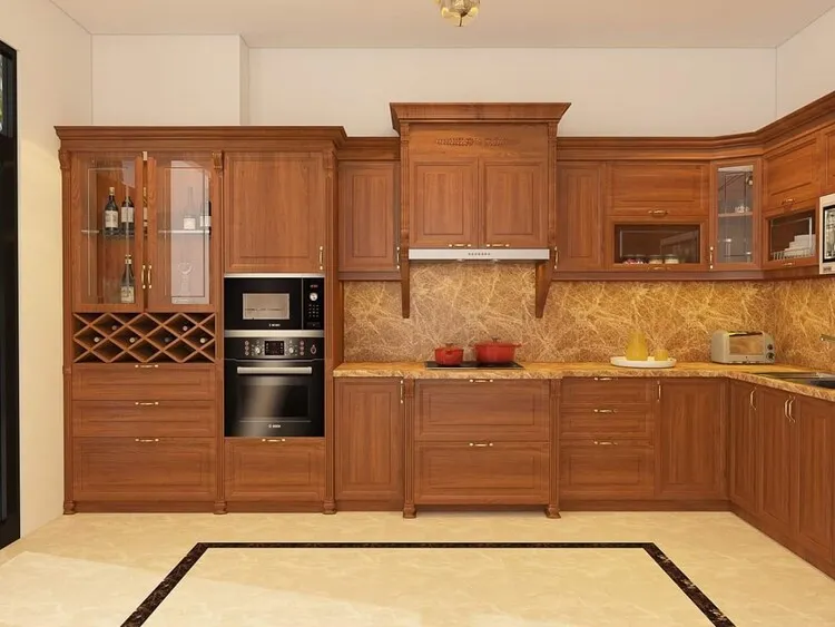 Không gian bếp sang trọng và đẹp mắt với các món nội thất là tủ, kệ bếp được chế tác từ gỗ dổi