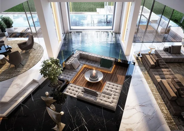 Phòng khách biệt thự đẳng cấp và ấn tượng với thiết kế bể bơi trong nhà.