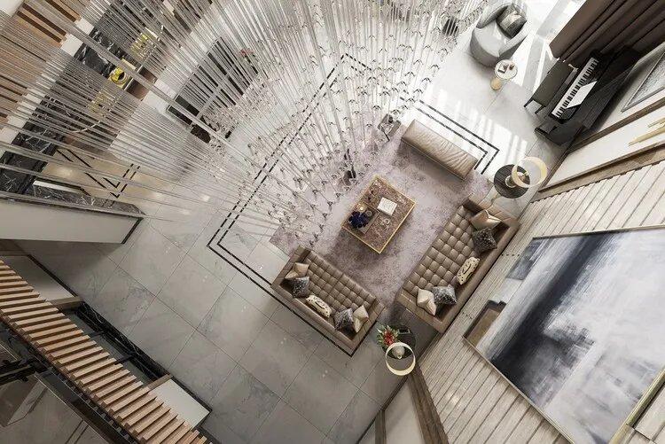 Phòng khách cho penthouse với thiết kế đương đại ấn tượng.