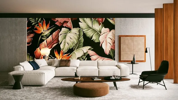 Phòng khách chung cư hiện đại, cá tính, nổi bật với bức tranh tường đầy màu sắc.