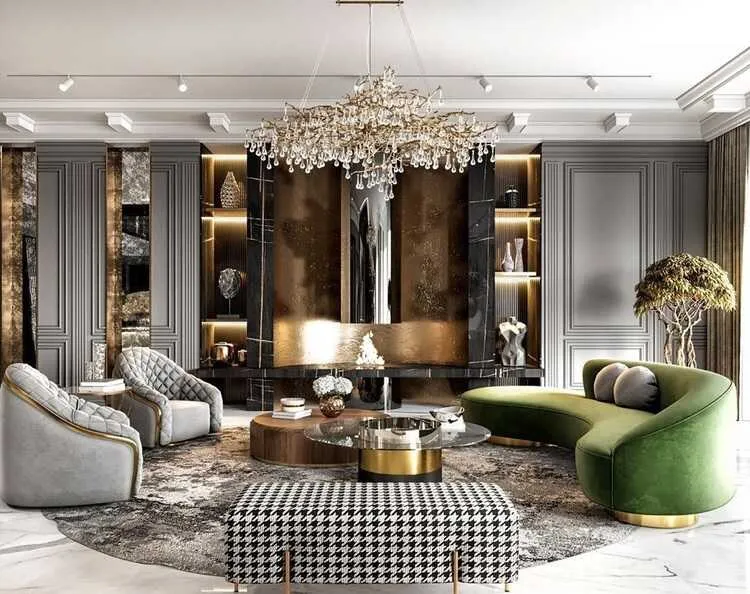 Phòng khách cổ điển kết hợp với nét đẹp hiện đại, sử dụng chất liệu nhung, đá, kim loại, đèn pha lê… khẳng định đẳng cấp của gia chủ.  