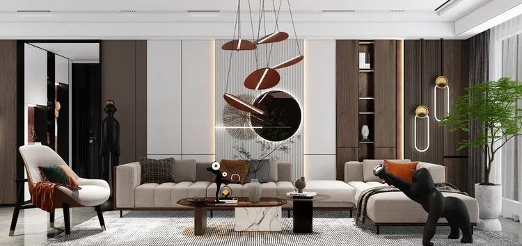 Phòng khách hiện đại với tông màu xám và nâu gỗ đậm, kết hợp thêm cây xanh và hiệu ứng đèn tăng sự sang trọng