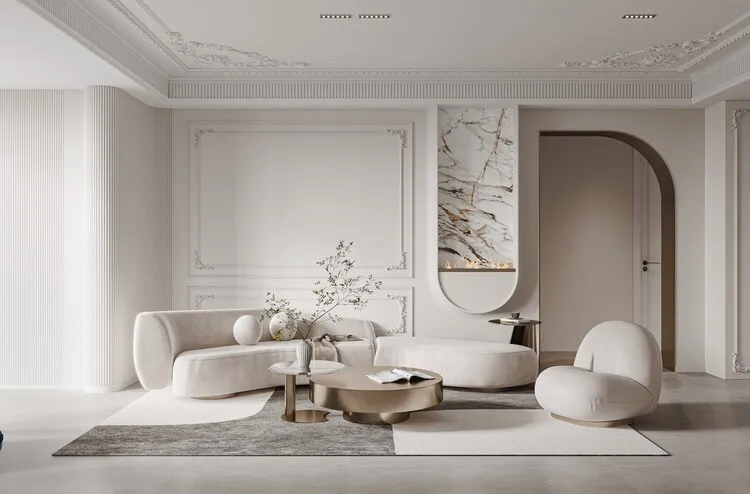Phòng khách tối giản kết hợp với phong cách tân cổ điển sang trọng và đầy tính nghệ thuật với tông màu trắng, xám, nâu vàng.