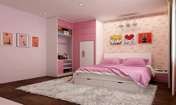 Phòng ngủ cho bé gái 10-15 tuổi không còn nhiều họa tiết cầu kỳ như các bé nhỏ nữa, mà thay vào đó là sự đơn giản, tiện nghi và gọn gàng