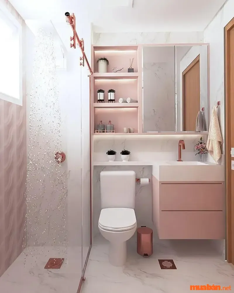 Phòng tắm 3m2 vẫn có thể điệu đà với tone trắng hồng cho các quý cô