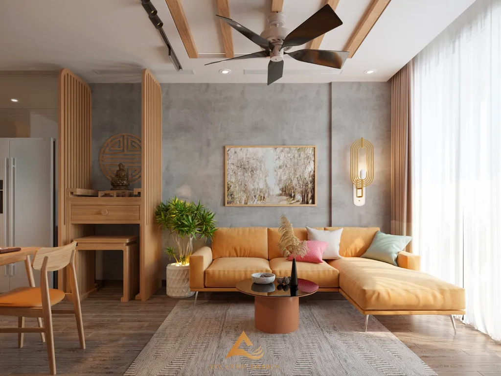 Thiết kế phòng thờ chung cư với màu gỗ nhạt mang đến cảm giác gần gũi, mộc mạc và hài hòa trong không gian.