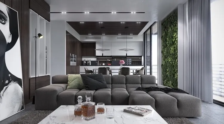 Trang trí phòng khách nhà phố hiện đại với tông màu trầm, đề cao sự sang trọng. 