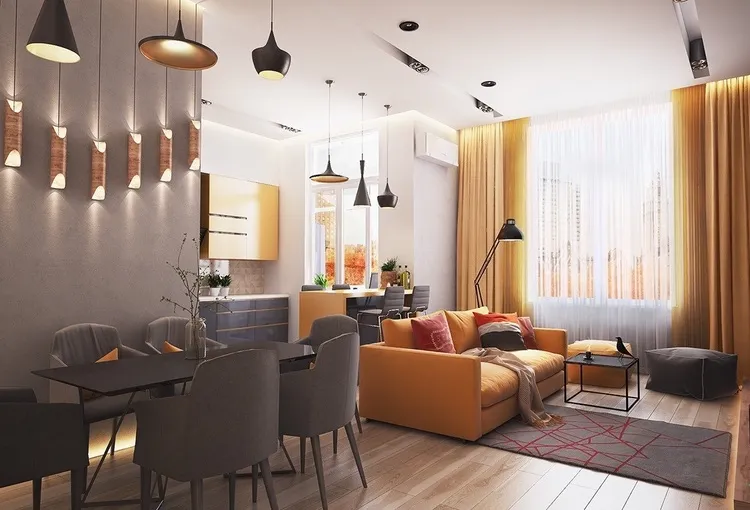 Trang trí phòng khách nhà phố nổi bật với tông màu cam và xám đầy ấn tượng. 