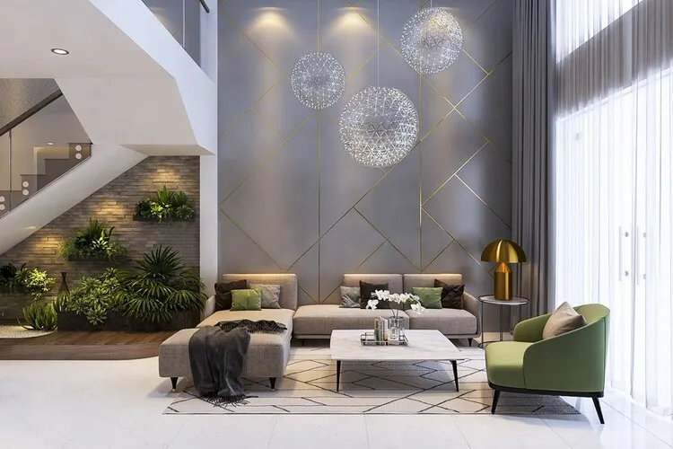 Trang trí phòng khách nhà phố sang trọng và tinh tế theo phong cách hiện đại với tông màu trắng, xám, xanh lá cây. 