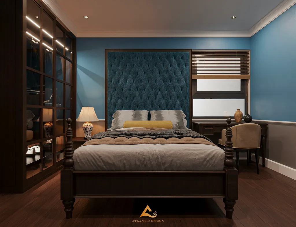 Bạn có thể chọn tông màu xanh dương chủ đạo cho phòng ngủ đầy nam tính.