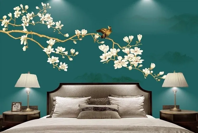 Bạn có thể chọn tranh dán tường thuộc các tông màu đậm, tối để khiến phòng ngủ trông dịu mát hơn 