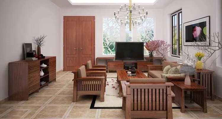 Bàn ghế, tủ đồng bộ từ chất liệu gỗ gụ với nước sơn nâu sáng tạo sự mộc mạc nhưng vẫn hiện đại cho phòng khách gia đình