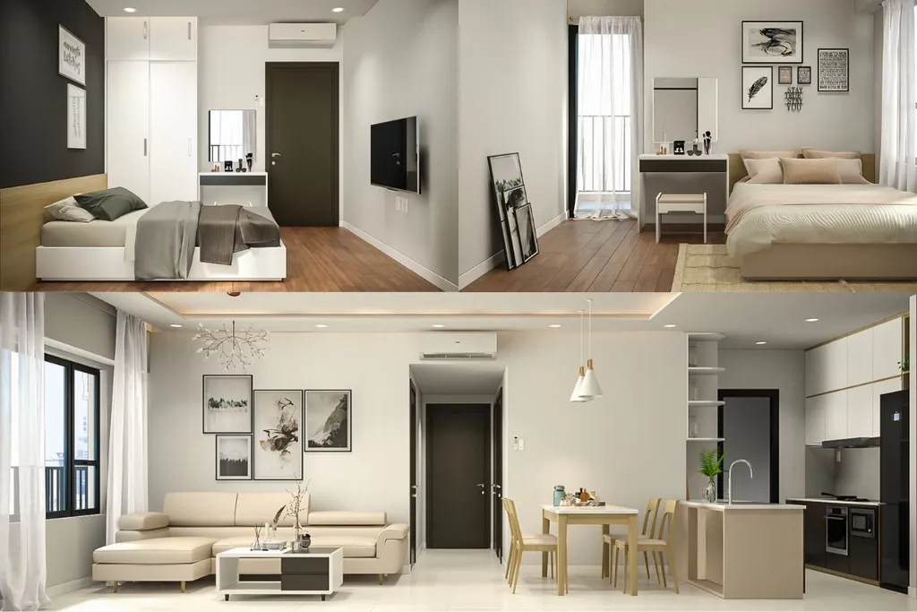 Bản vẽ 3D thiết kế cho căn hộ hiện đại và tối giản với 2 phòng ngủ