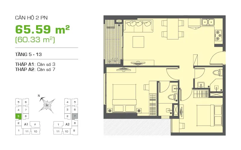 Bảng vẽ tổng quan về thiết kế nội thất căn chung cư 65m2 2 phòng ngủ