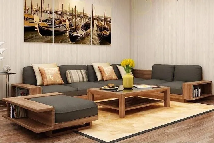 Bộ sofa cho phòng khách với thiết kế hiện đại từ gỗ gụ.