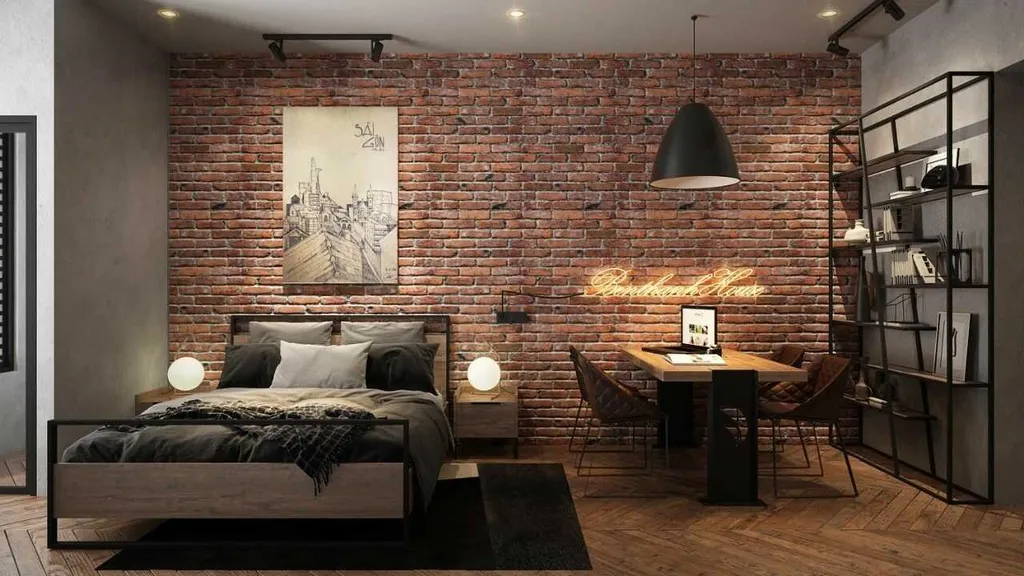 Bức tường gạch thô tạo nên điểm nhấn cho căn phòng ngủ cá tính