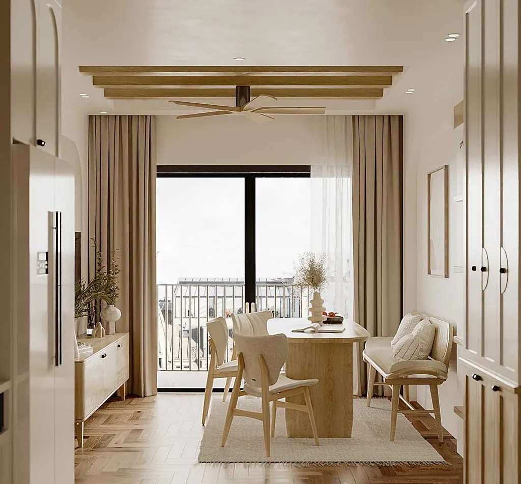 Chất liệu gỗ cùng màu sắc đồng bộ của sàn và nội thất giúp không gian thêm cá tính.
