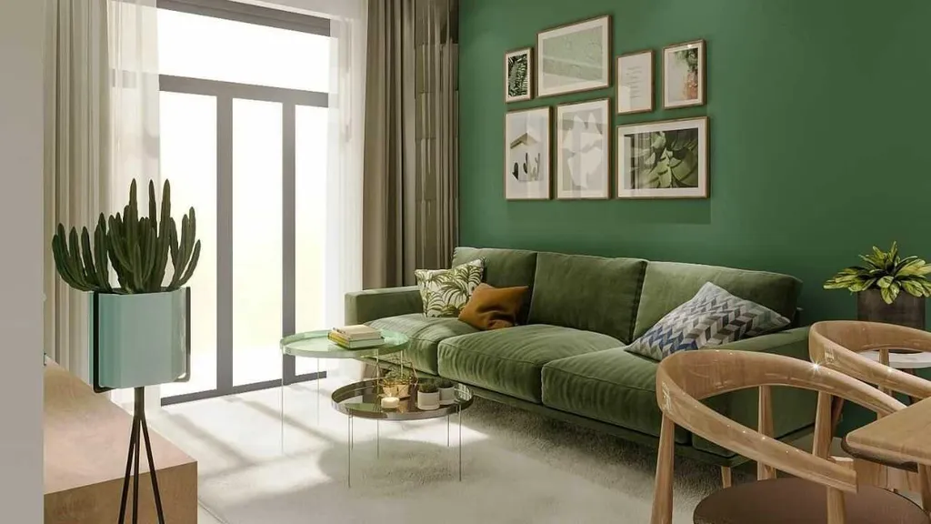 Gam xanh mát phù hợp với các chủ nhân mệnh Mộc, Hoả, từ nội thất gỗ và sofa nhung đem lại sự mát mẻ, thư thái. 