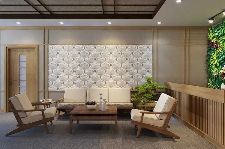 Giấy dán tường hoa văn sóng nước nhưng được cách điệu khéo léo và phối màu cùng tông với nội thất tạo sự sang trọng cho không gian.