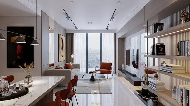 IF Design thi công không gian mở giữa phòng khách và gian bếp