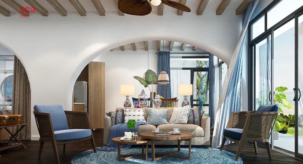 Không gian căn hộ phong cách địa trung hải sử dụng màu trắng của tường nhà kết hợp với màu xanh dương của nội thất, xanh lá của cây cỏ tạo nên một không gian sống yên ả, hòa mình cùng thiên nhiên