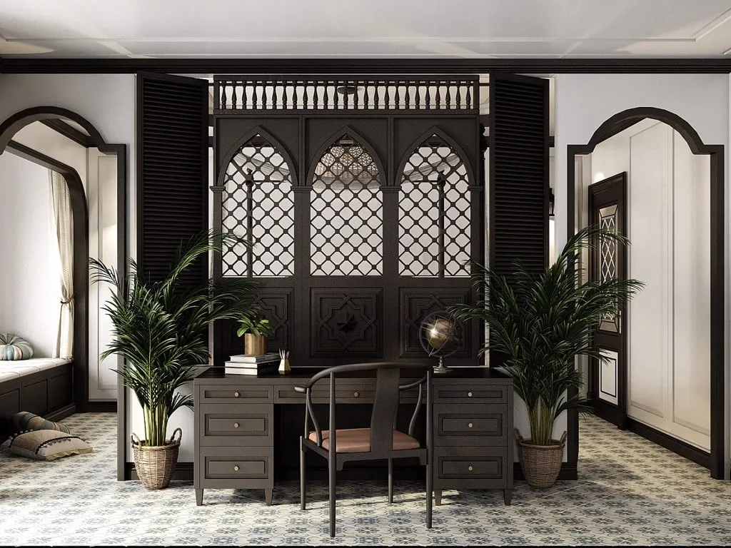 Không gian nội thất phong cách Indochine với họa tiết kỷ hà