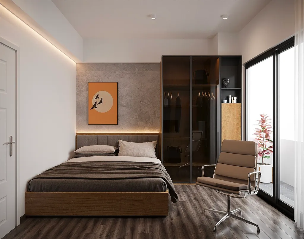 Không gian phòng ngủ được thiết kế theo phong cách tối giản