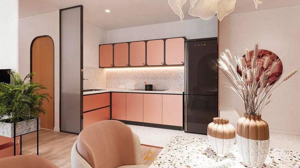 Khu bếp sử dụng các họa tiết color block cho các kệ tủ giúp không gian trông nổi bật hơn.