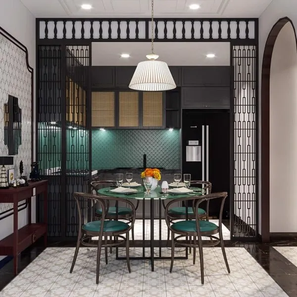 Khu vực phòng ăn kết nối với nhà bếp với nội thất đậm nét Đông Dương