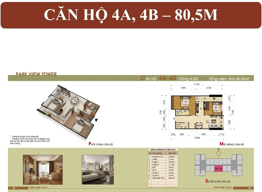 Mặt sàn mẫu căn hộ 80,5m2 – 2 phòng ngủ