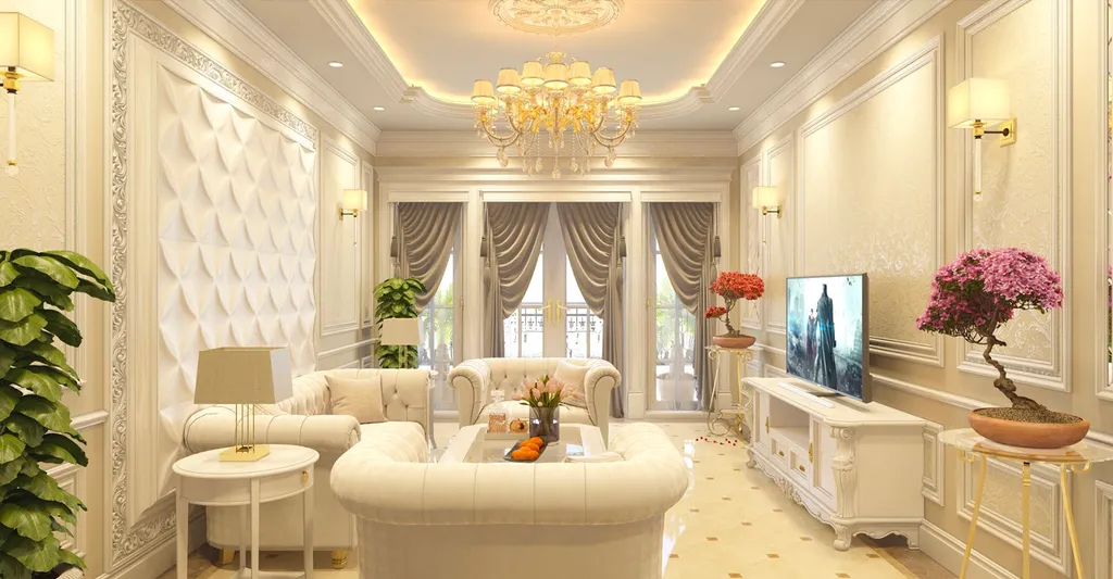 Mẫu thiết kế nội thất chung cư phong cách cổ điển sử dụng kết hợp giữa màu trắng với đá ốp tường màu vàng nhẹ