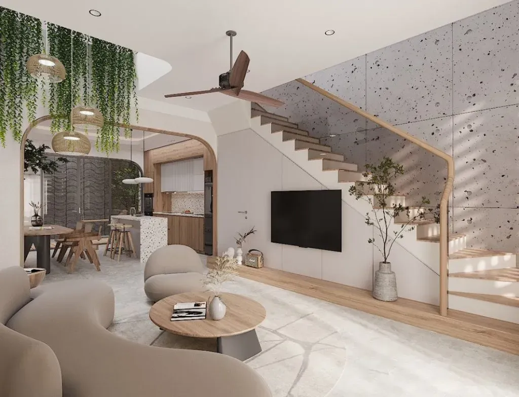 Mẫu thiết kế nội thất phòng khách nhà ống 5m phong cách Wabi Sabi gần gũi