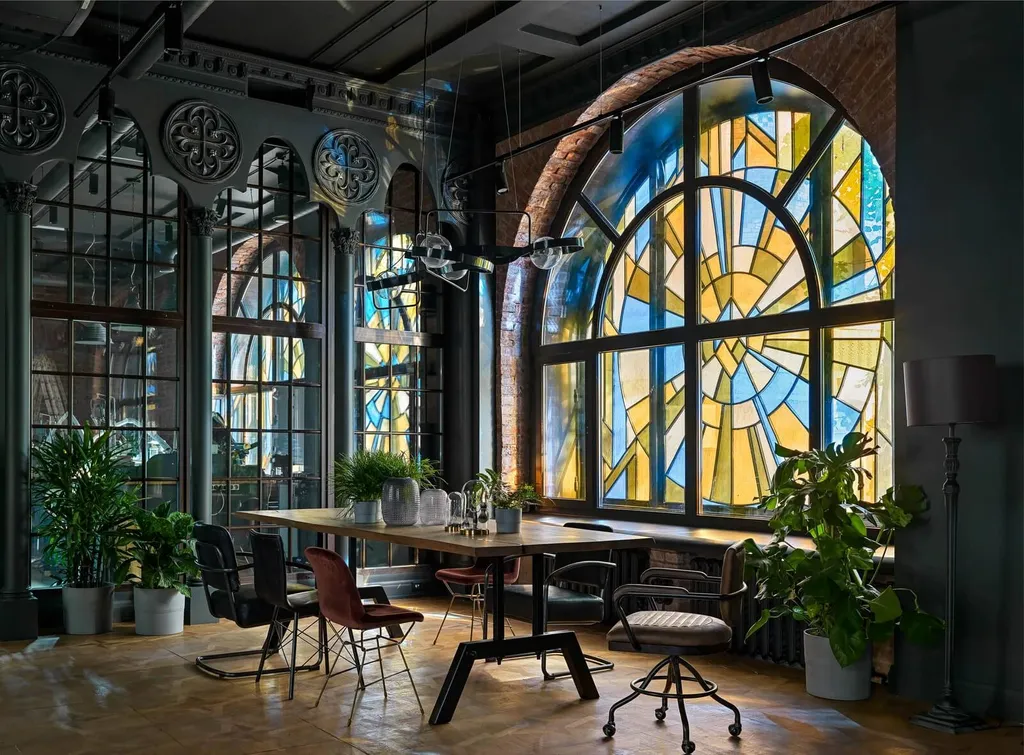 Mẫu thiết kế phòng ăn này giữ nguyên nét đặc trưng của phong cách Gothic với stained glass - kính ốp nhiều màu sắc