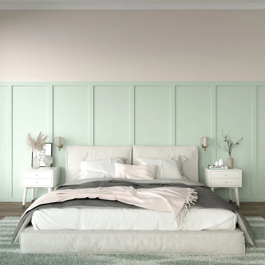 Màu tường xanh mint tạo điểm nhấn cho căn phòng ngủ