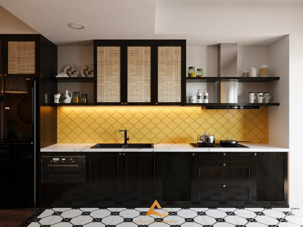 Nhà bếp cũng được ưu ái bố trí các món đồ nội thất bằng gỗ cao cấp, sang trọng.