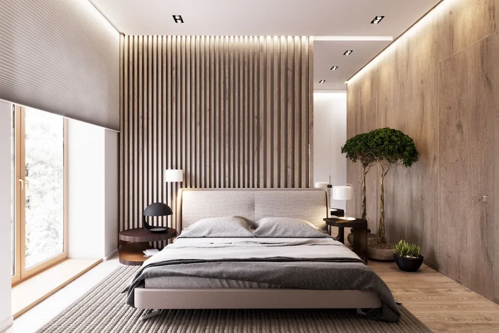 Ốp tường phòng ngủ với tấm nhựa giả gỗ