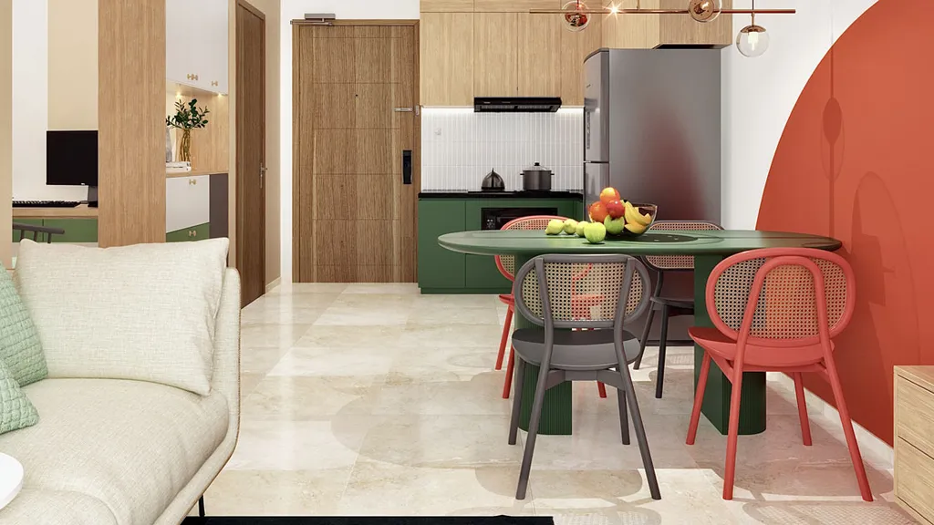 Phòng ăn căn hộ 1 phòng ngủ thêm ngọt ngào với Color Block và Minimalist cùng kết hợp