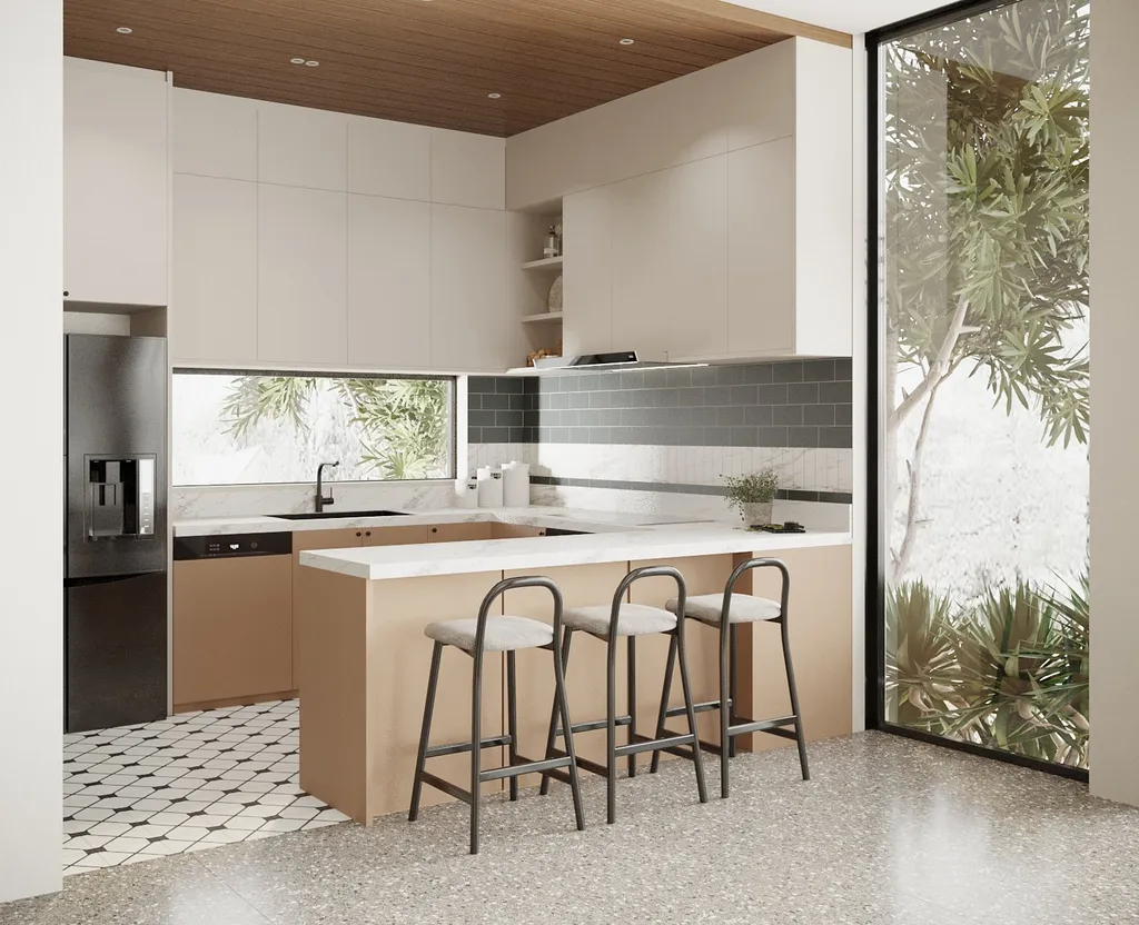 Phòng bếp đẹp được thiết kế với cửa sổ lớn nhìn ra bên ngoài tạo cảm giác gần gũi với thiên nhiên và thông thoáng cho ngôi nhà