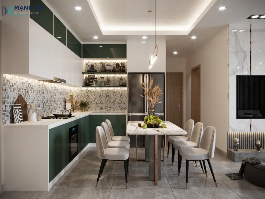 Phòng bếp được thiết kế nối liền phòng khách để tiết kiệm diện tích