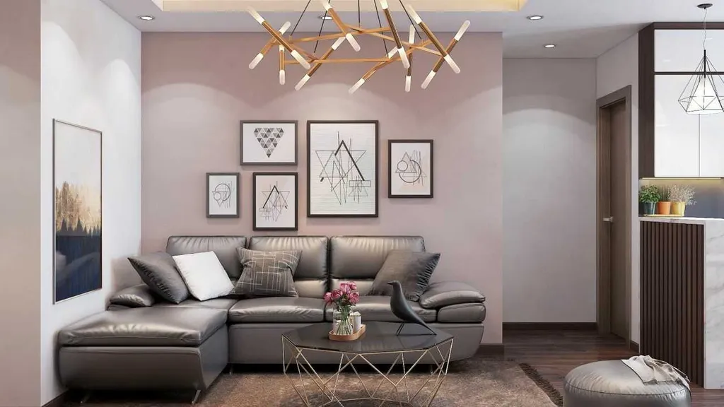 Phòng khách ấm cúng, hiện đại với gam màu trầm cùng sofa da và các hoạ tiết hình học từ bàn uống nước và đèn trần làm điểm nhấn. 