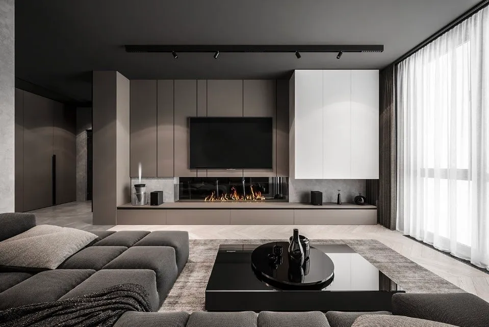 Phòng khách bày trí đơn giản với bộ sofa lớn và tone màu xám sang trọng
