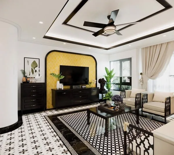 Phòng khách được thiết kế mang những đặc trưng của phong cách nội thất Đông Dương